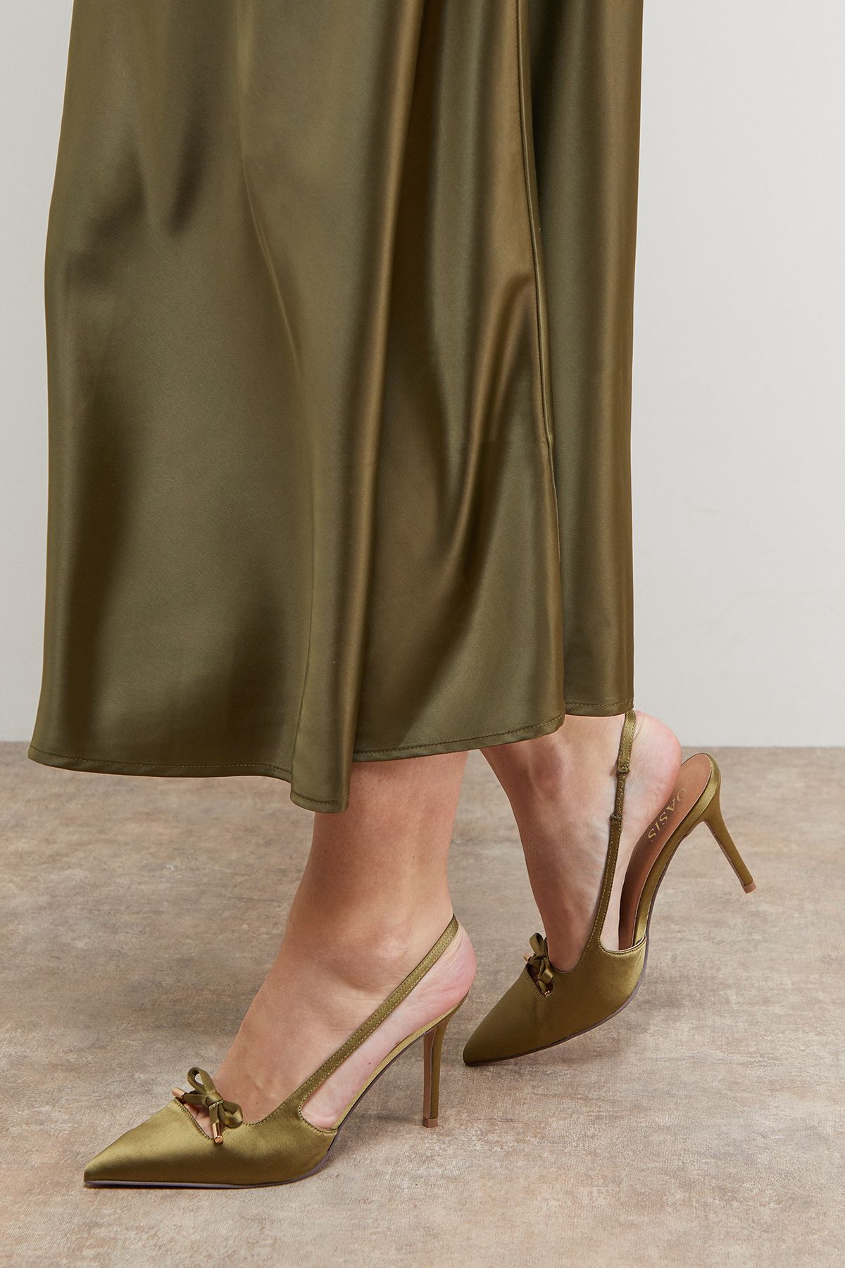 Oasis Phoebe Satin Bow Detail High Stiletto Heel Court Shoes Olive image 2