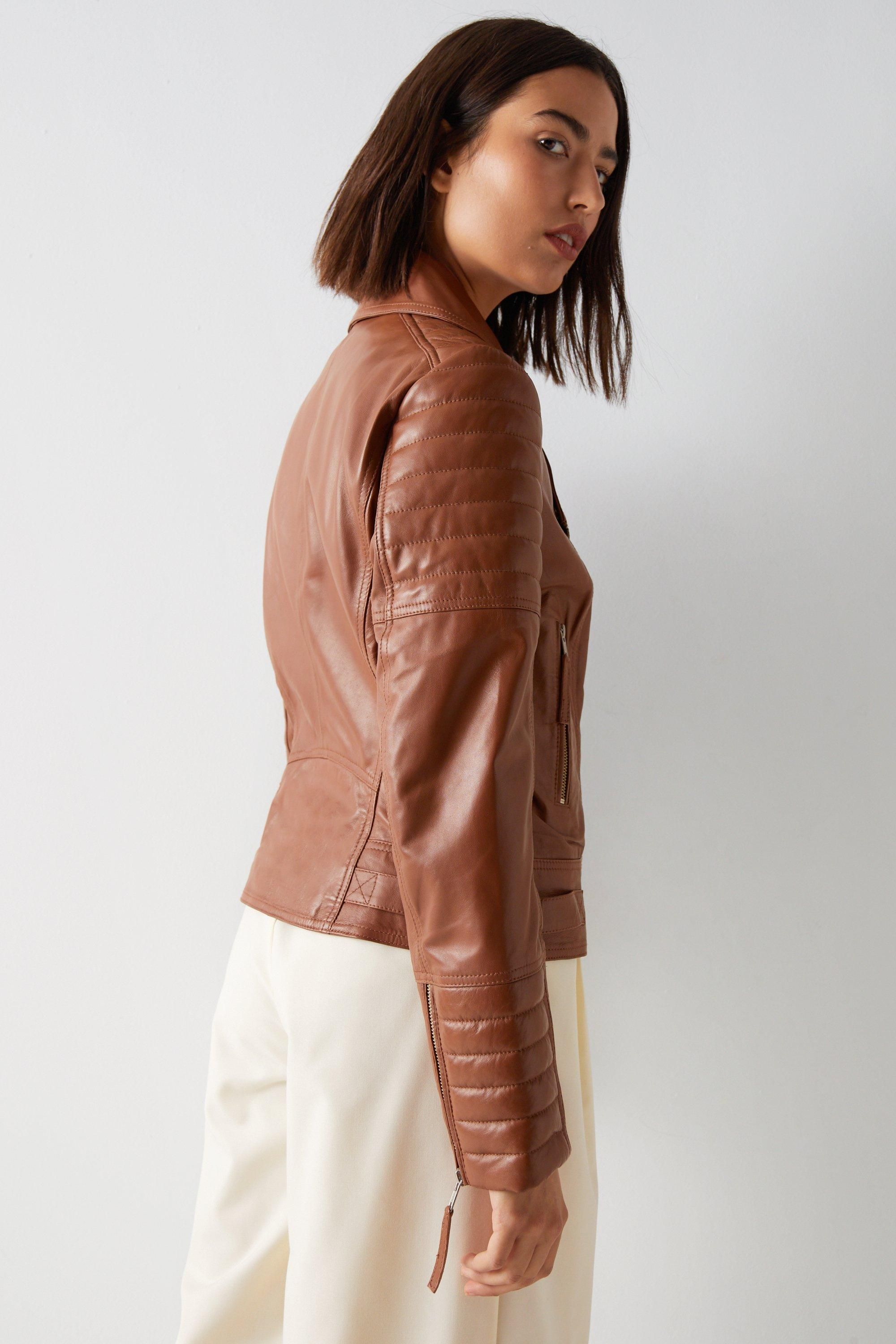 Warehouse Essentials Real Leather Quilted Biker Jacket Tan image 4