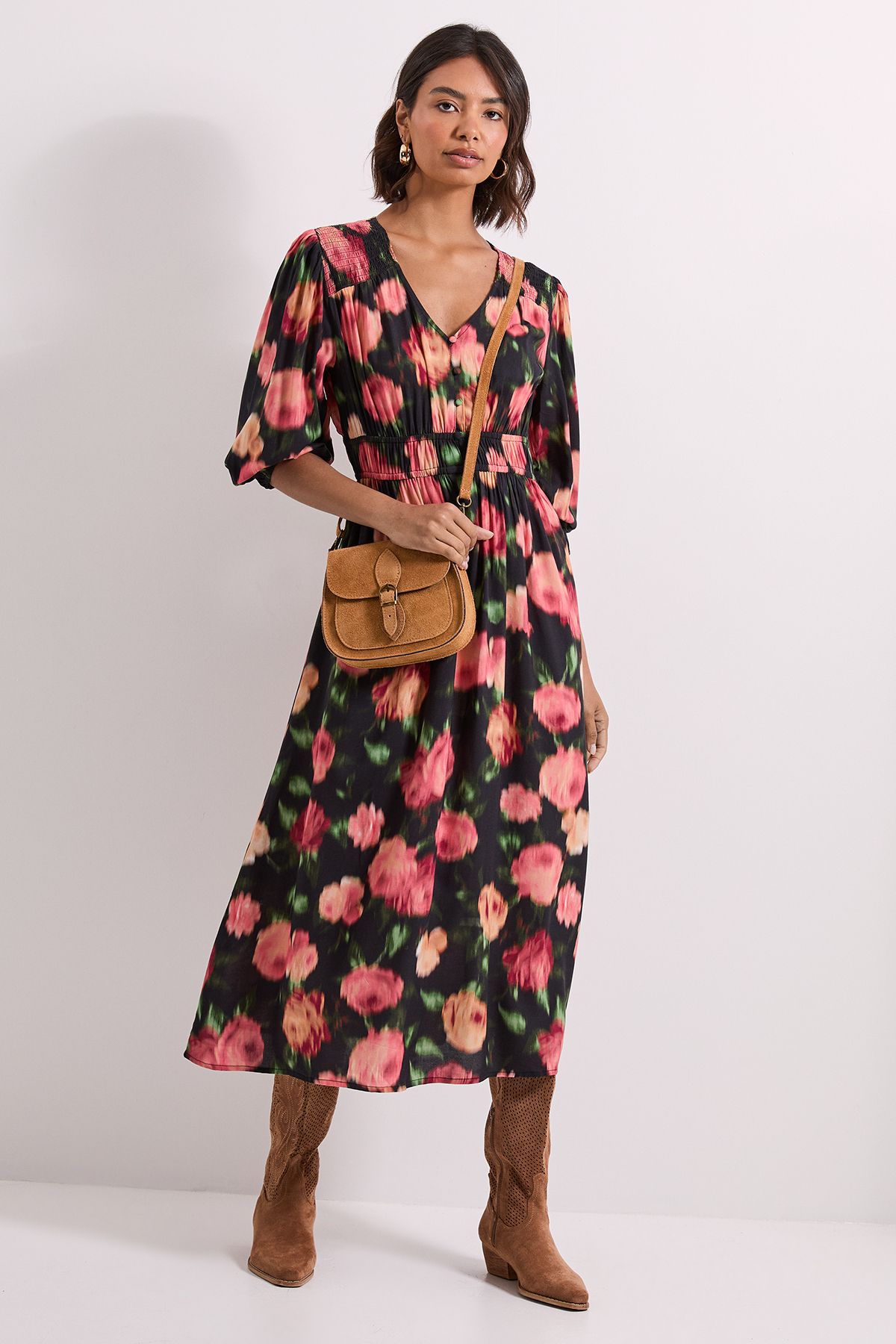 Dorothy Perkins Floral Shirred Detail Blouson Sleeve Midi Dress Floral