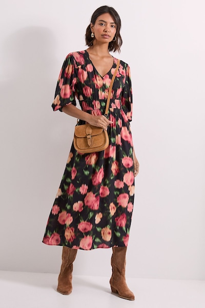 Dorothy Perkins Floral Shirred Detail Blouson Sleeve Midi Dress Floral