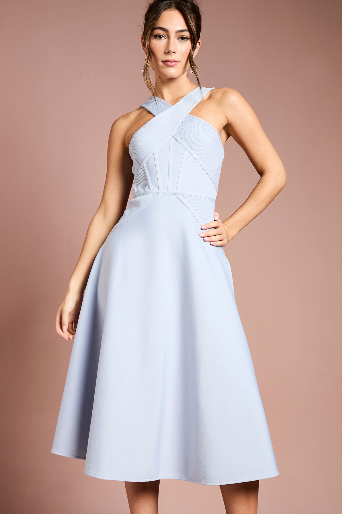 Coast Bandage Cross Neck Midi Dress Light Blue