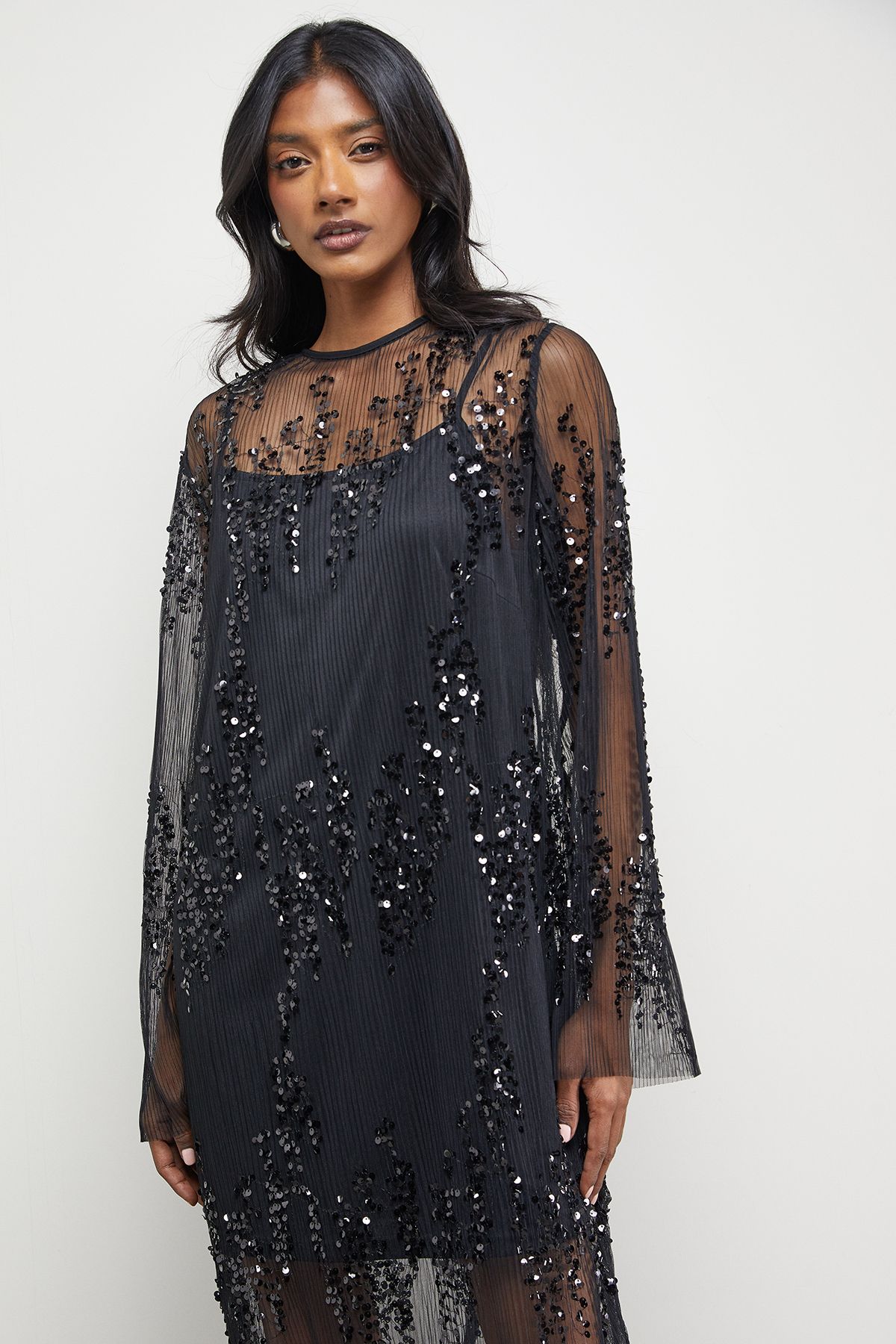Warehouse Sequin Sheer Crinkle Column Midi Dress Black image 4
