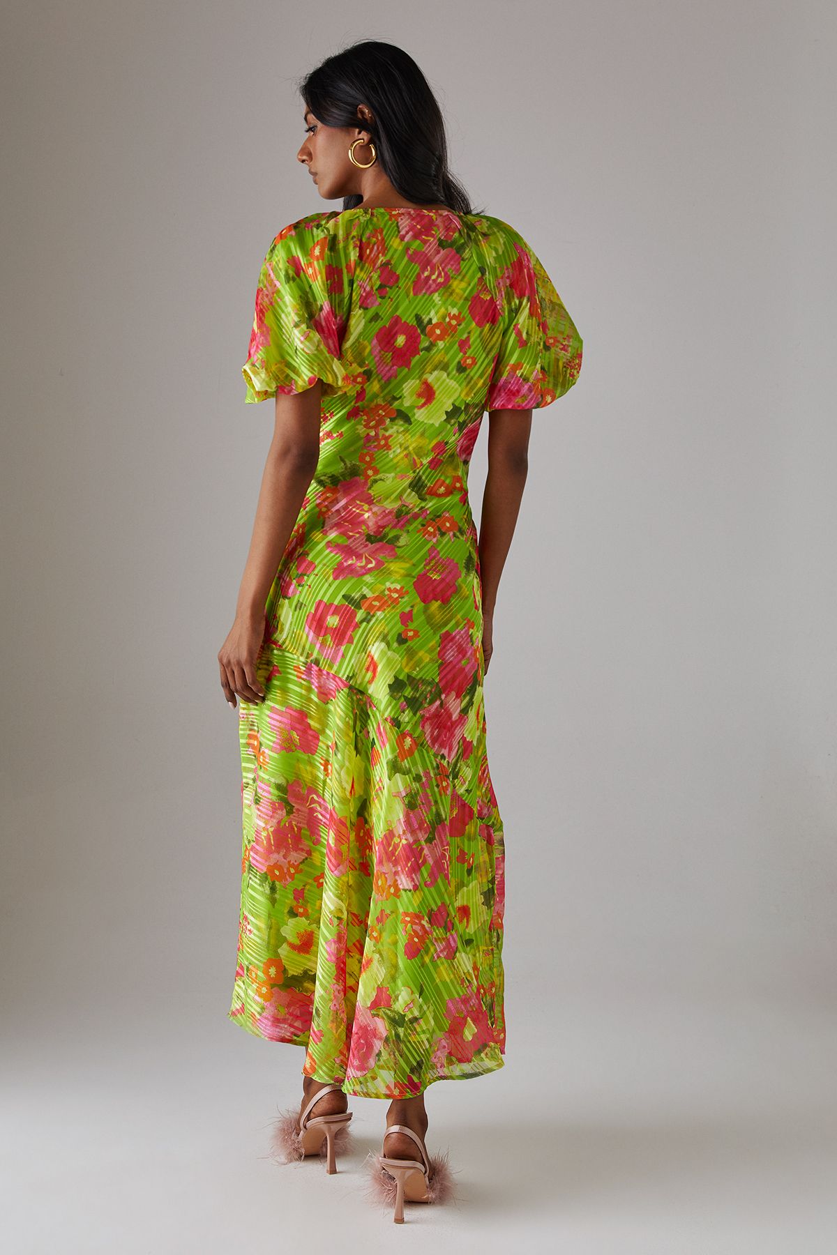 Warehouse Shadow Stripe Tie Neck Bias Midi Dress Floral image 3