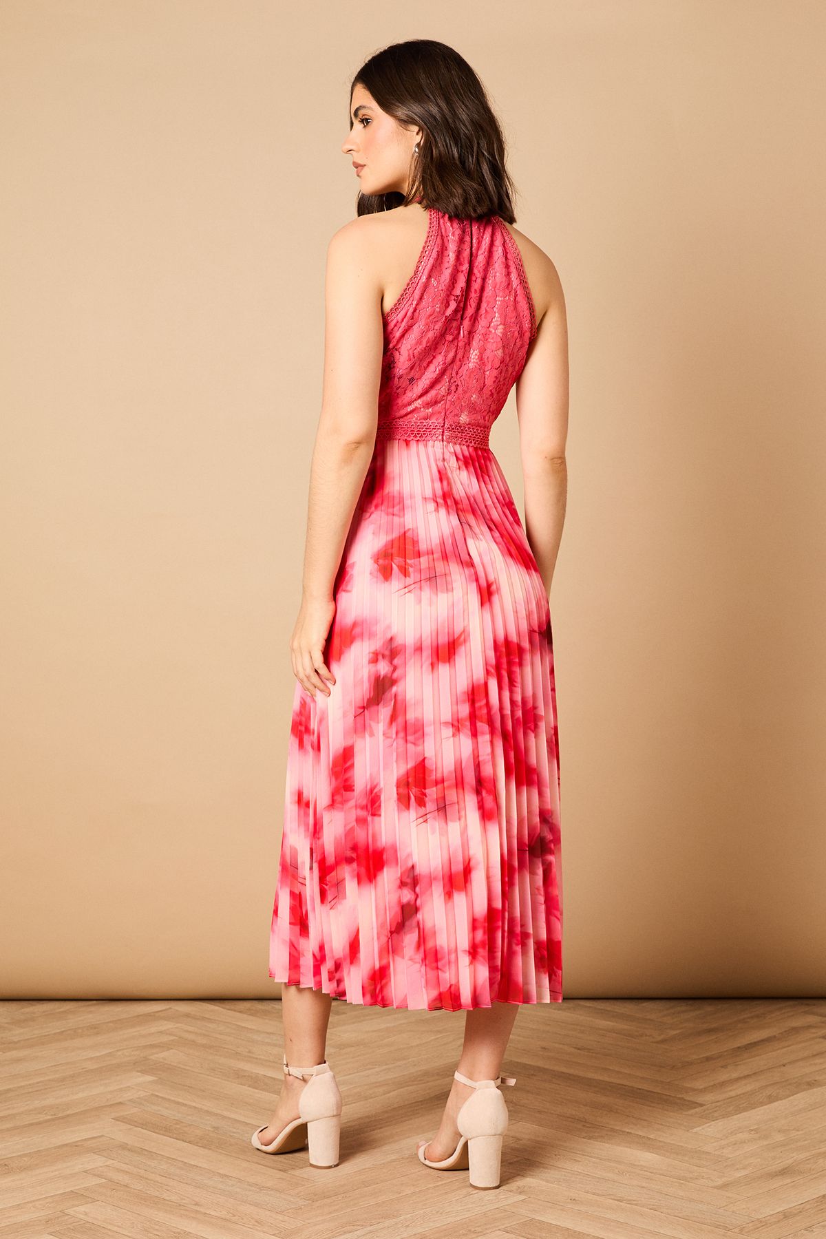 Oasis Printed Lace Mix Halterneck Midi Dress Multi image 4