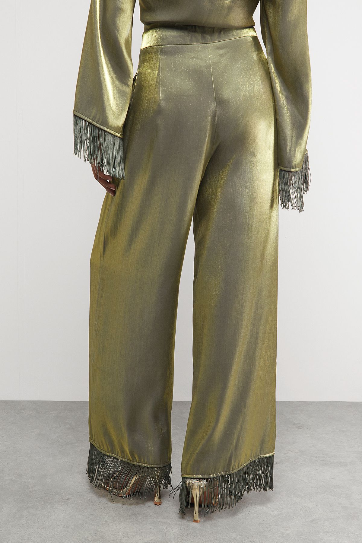 Warehouse Satin Fringe Hem High Waisted Trouser Dark Olive image 3
