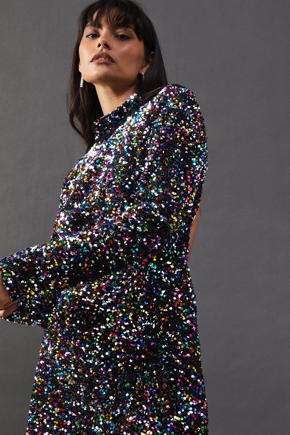 Warehouse High Neck Velvet Sequin Cutout Back Mini Dress Multi image 4