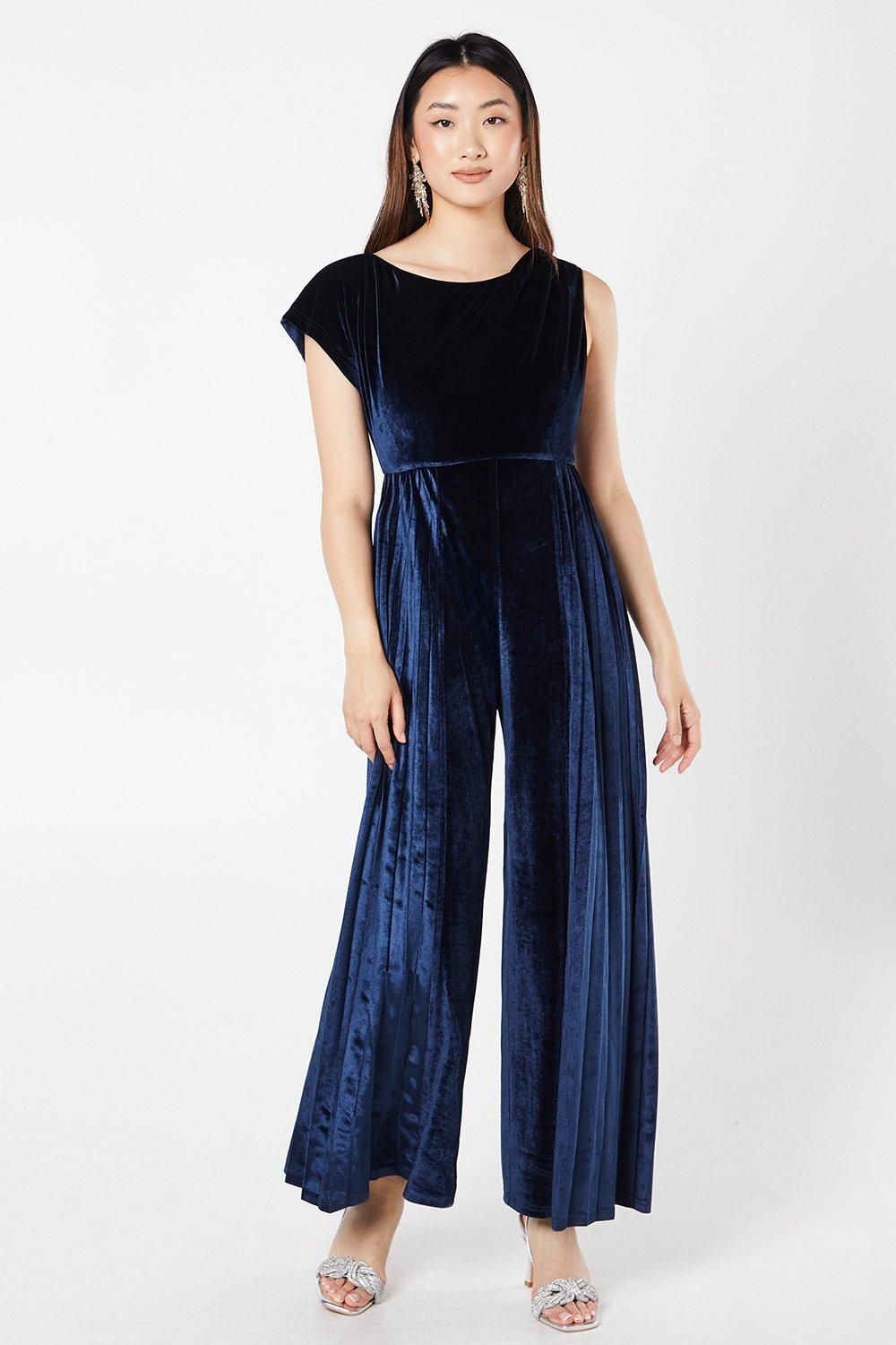 Coast Round Neck Pleated Velvet Jumpsuit Navy image 1