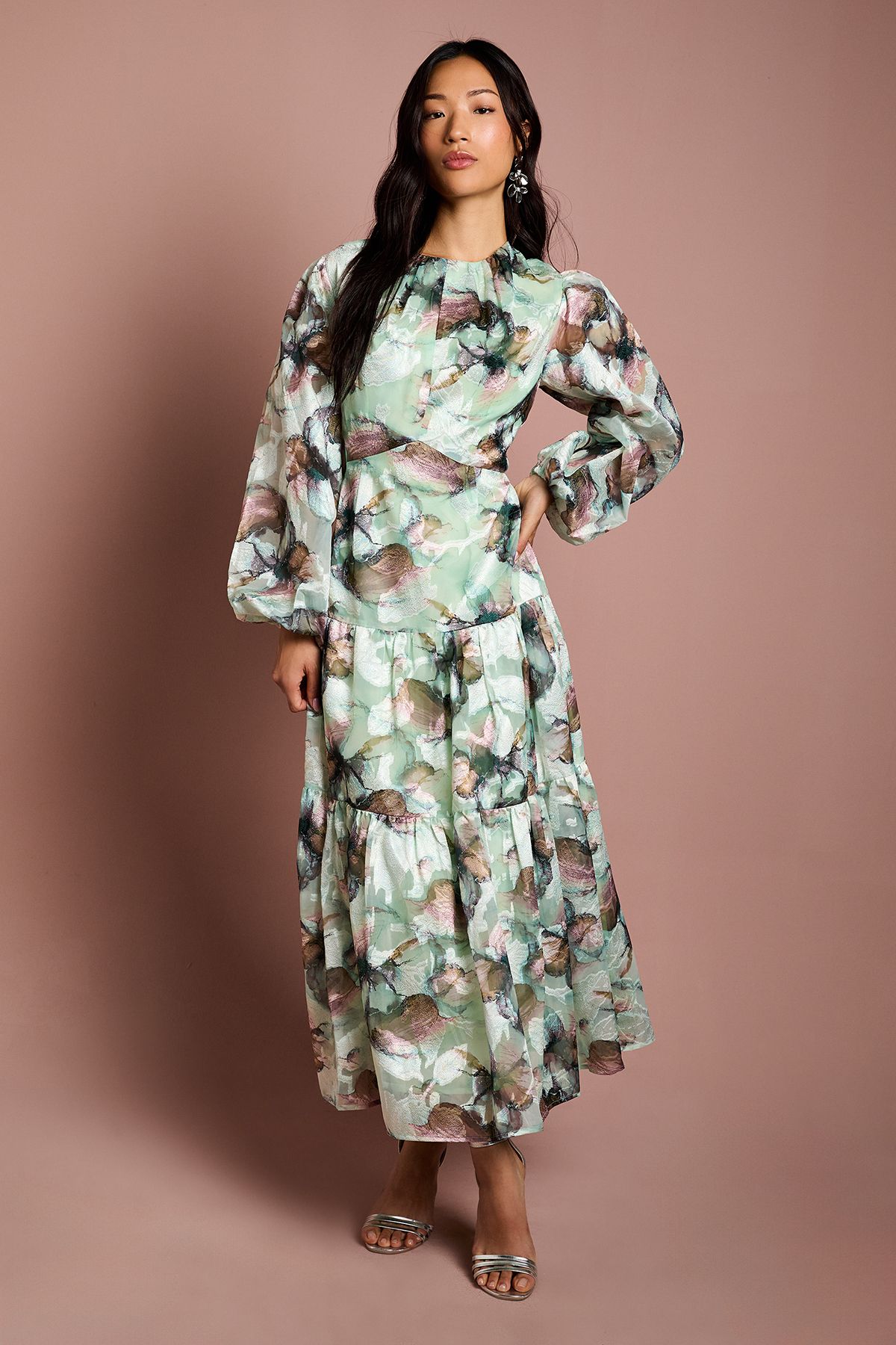 Coast 3/4 Puff Sleeve Printed Jacquard Midaxi Dress Sage image 1