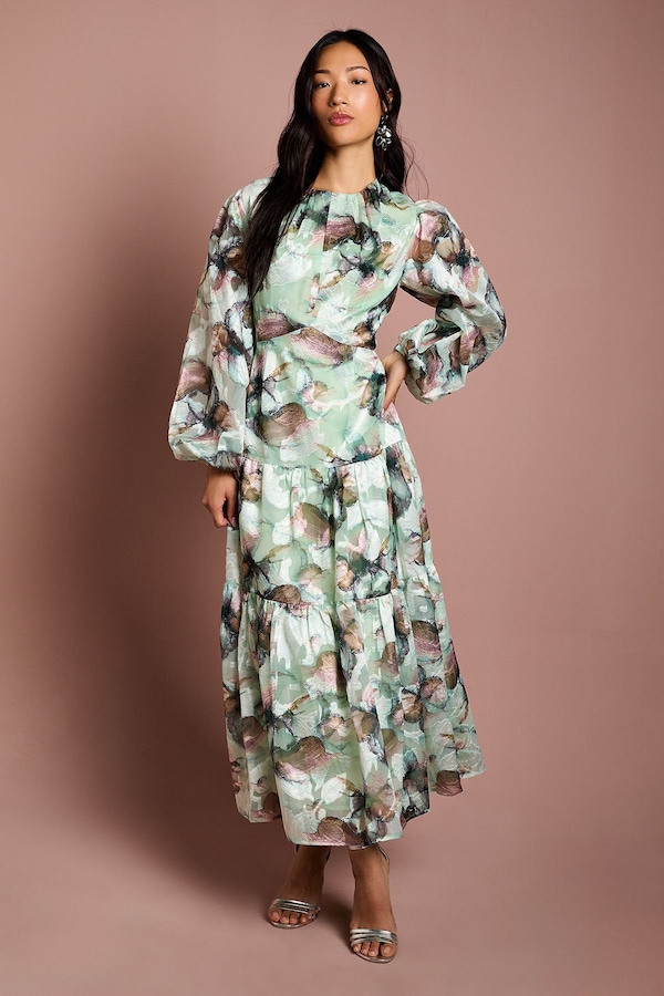 Coast 3/4 Puff Sleeve Printed Jacquard Midaxi Dress Sage