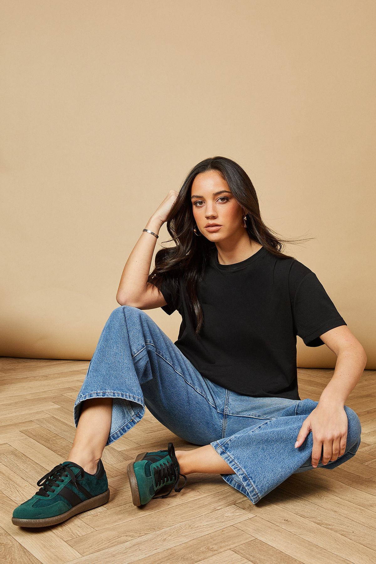 Oasis Anjali Faux Suede Contrast Stripe Lace Up Trainers Green image 1