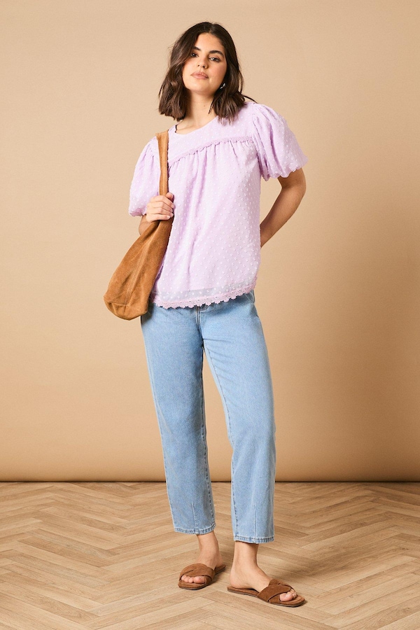 Oasis Lace Trim Puff Sleeve Blouse Purple