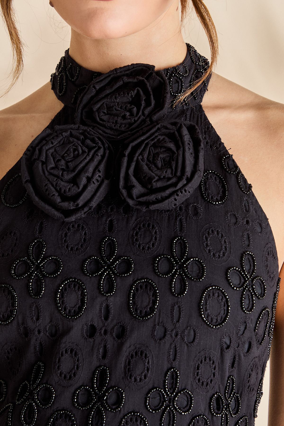 Coast Broderie Embellished Fringe Halter Dress Black image 5