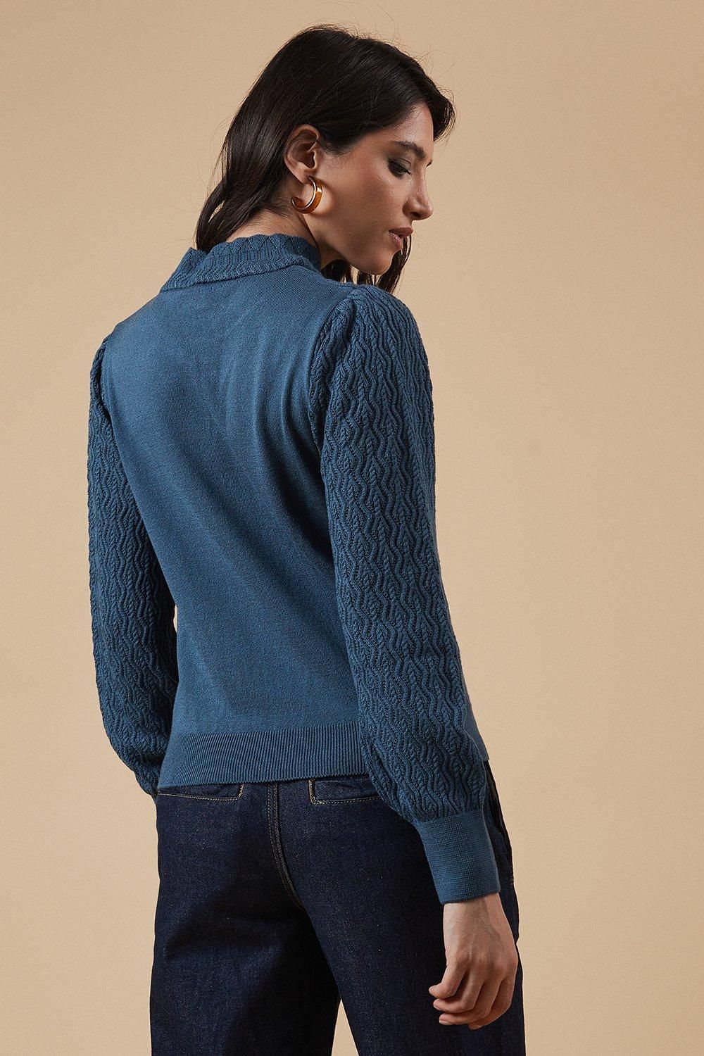 Oasis Pointelle Scallop High Neck Jumper Denim image 3