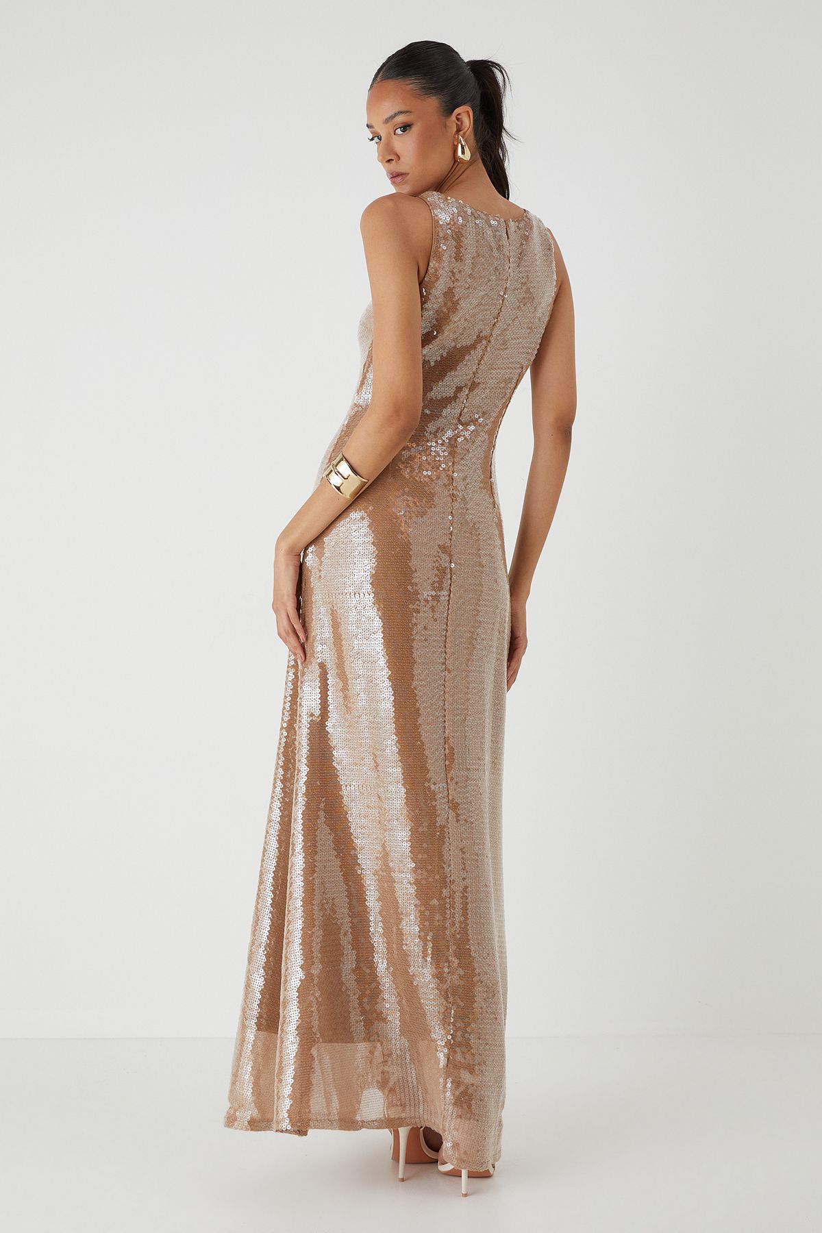 MissPap Scoop Neck Sequin Maxi Dress Tan image 5