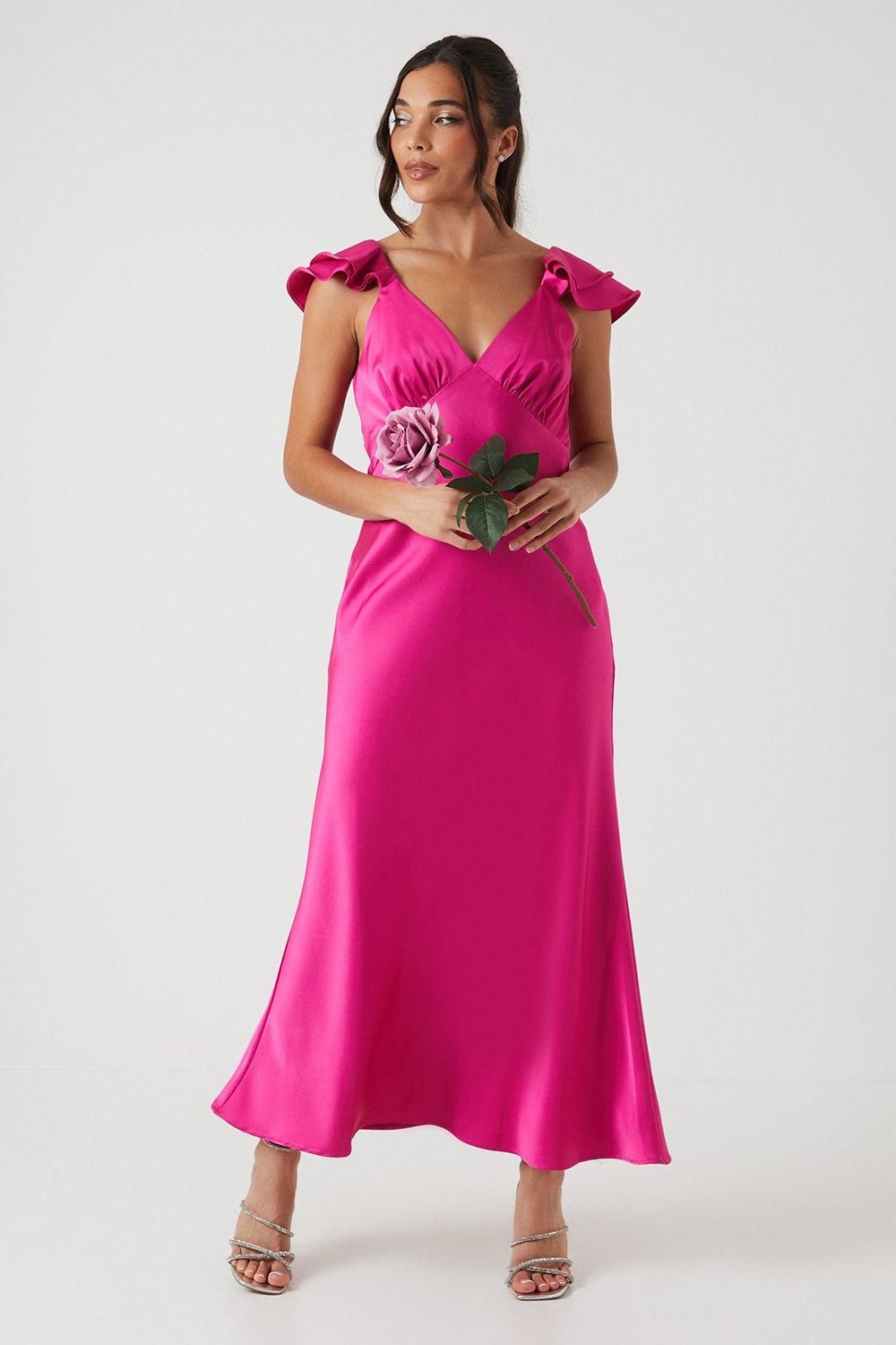 Oasis Petite Ruffle Neckline Satin Maxi Bridesmaid Dress Bright Pink image 1