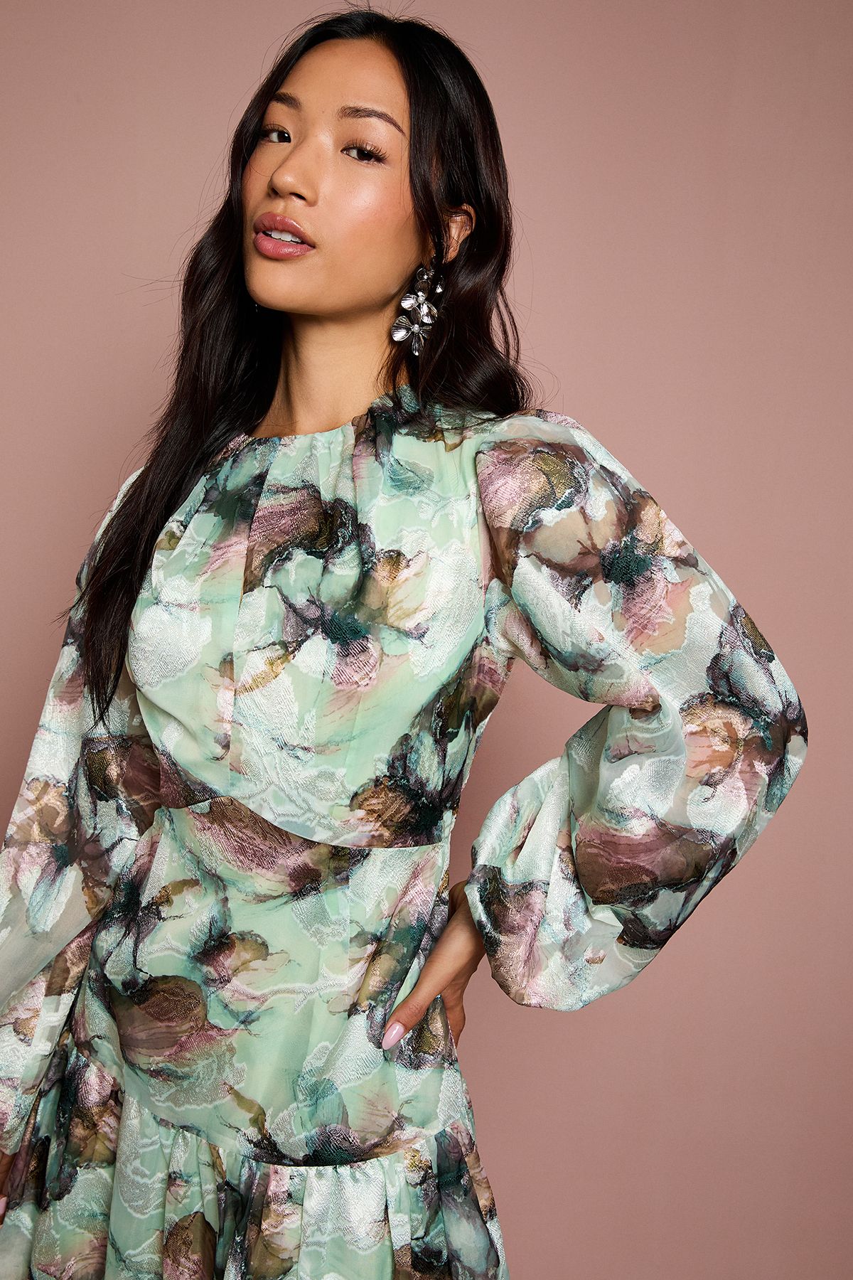 Coast 3/4 Puff Sleeve Printed Jacquard Midaxi Dress Sage image 4