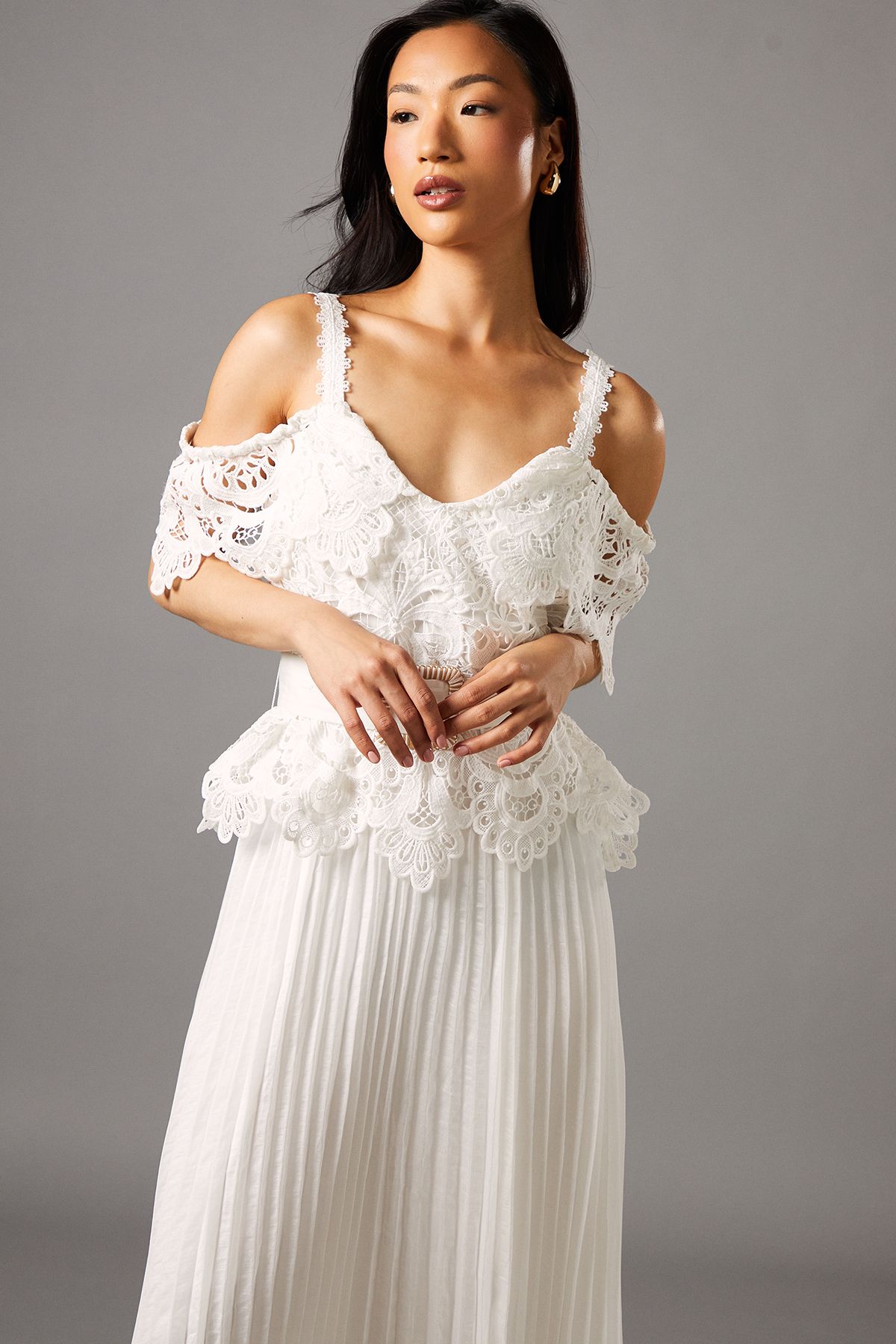 Coast Lace Top Pleated Skirt Midi Dress With Belt Ivory image 2
