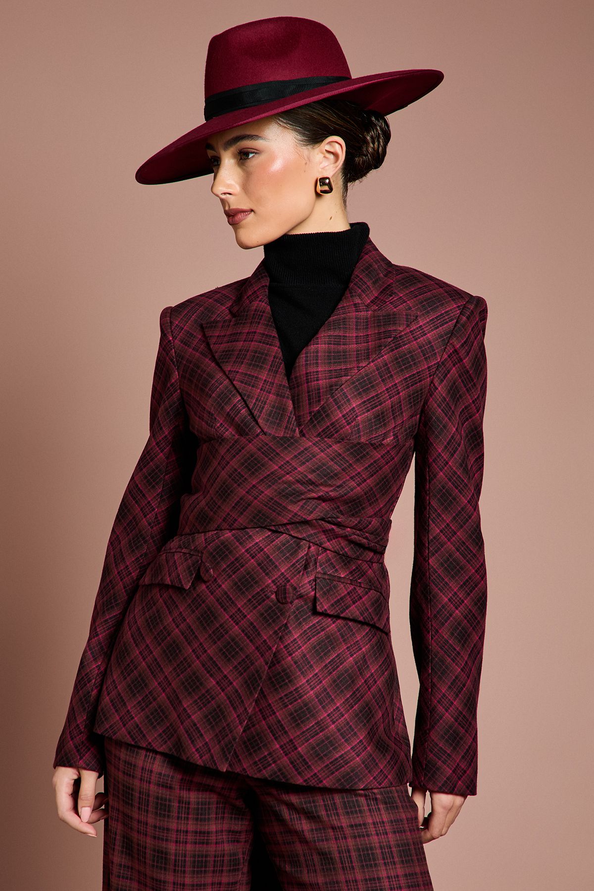 Coast Lisa Tan Premium Check Wrap Front Blazer Berry image 1