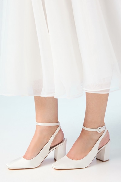 Oasis Bridal Dita Satin Square Toe Ankle Strap High Block Heel Court Shoes White