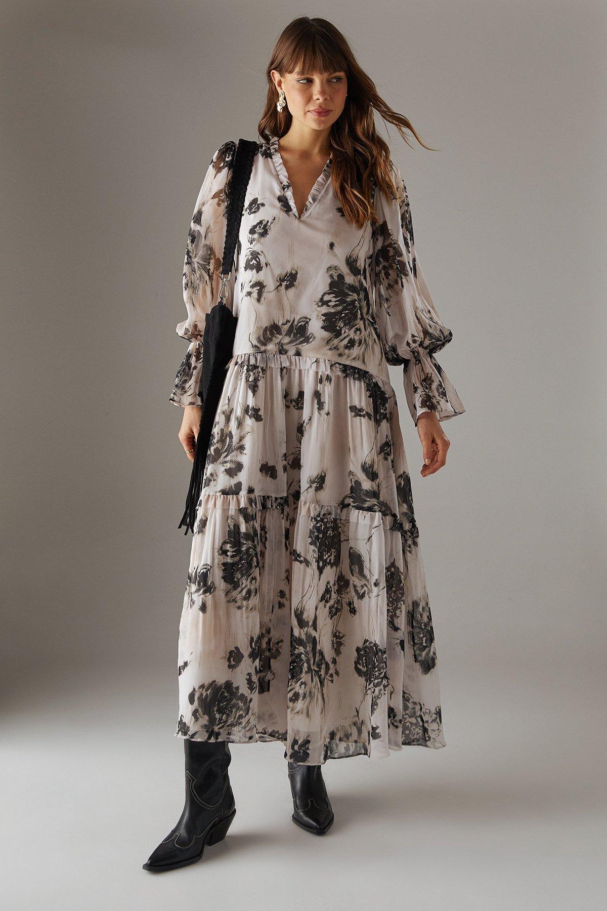 Warehouse Printed Premium Raw Edge Georgette Tiered Maxi Dress Floral image 1