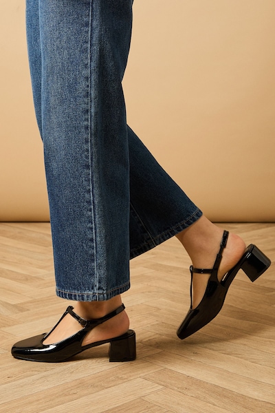 Oasis Florence Faux Patent Leather T-Bar Medium Block Heel Court Shoes True Black