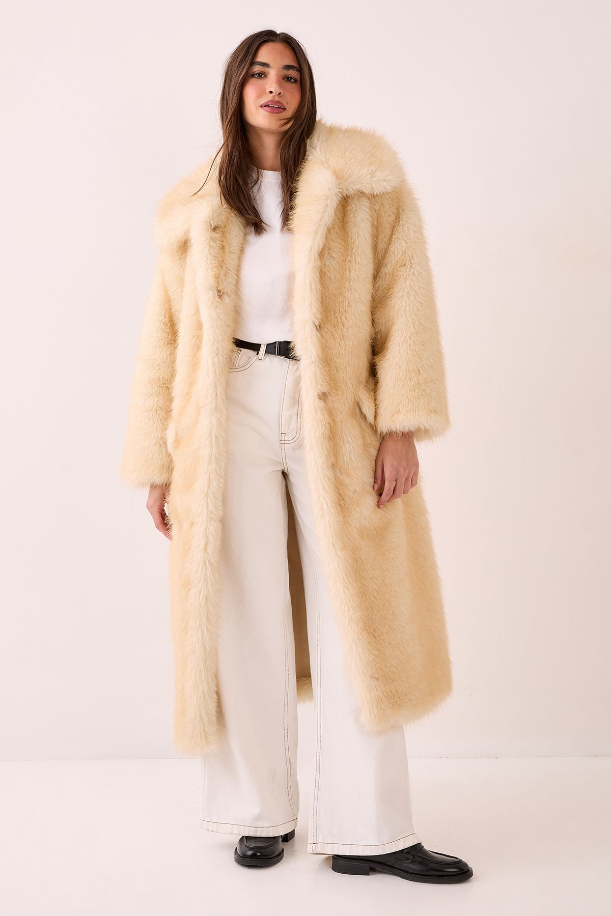 NastyGal Belted Tipped Faux Fur Coat Lemon image 3