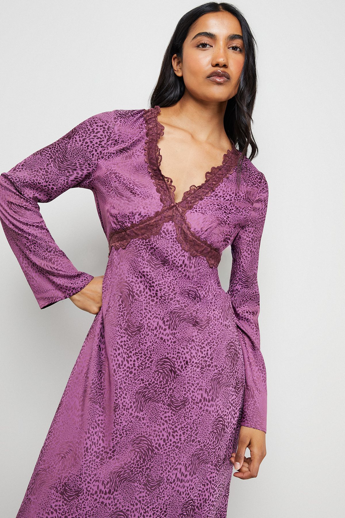 Warehouse Satin Jacquard Lace Insert Godet Midi Dress Animal image 2