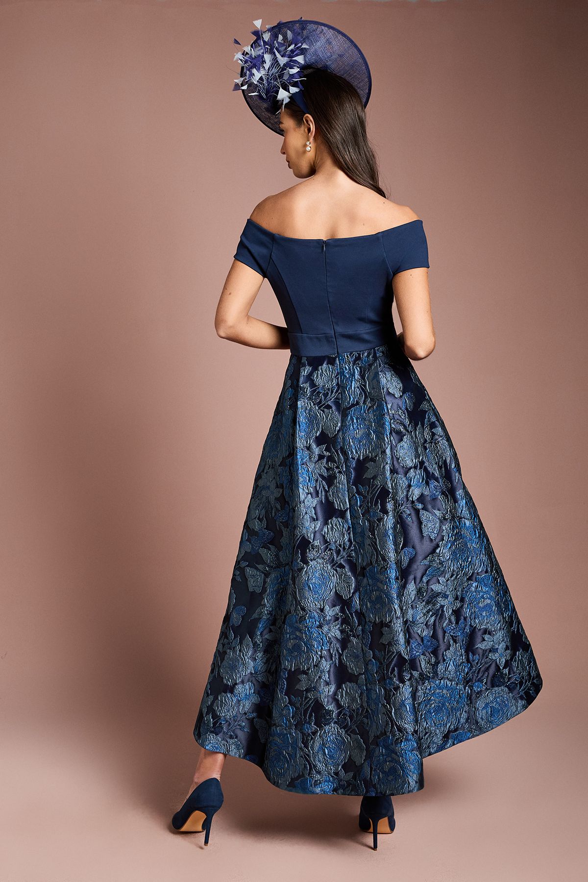 Coast Lisa Tan Stretch Bardot Jacquard Skirt Midi Dress Navy image 3