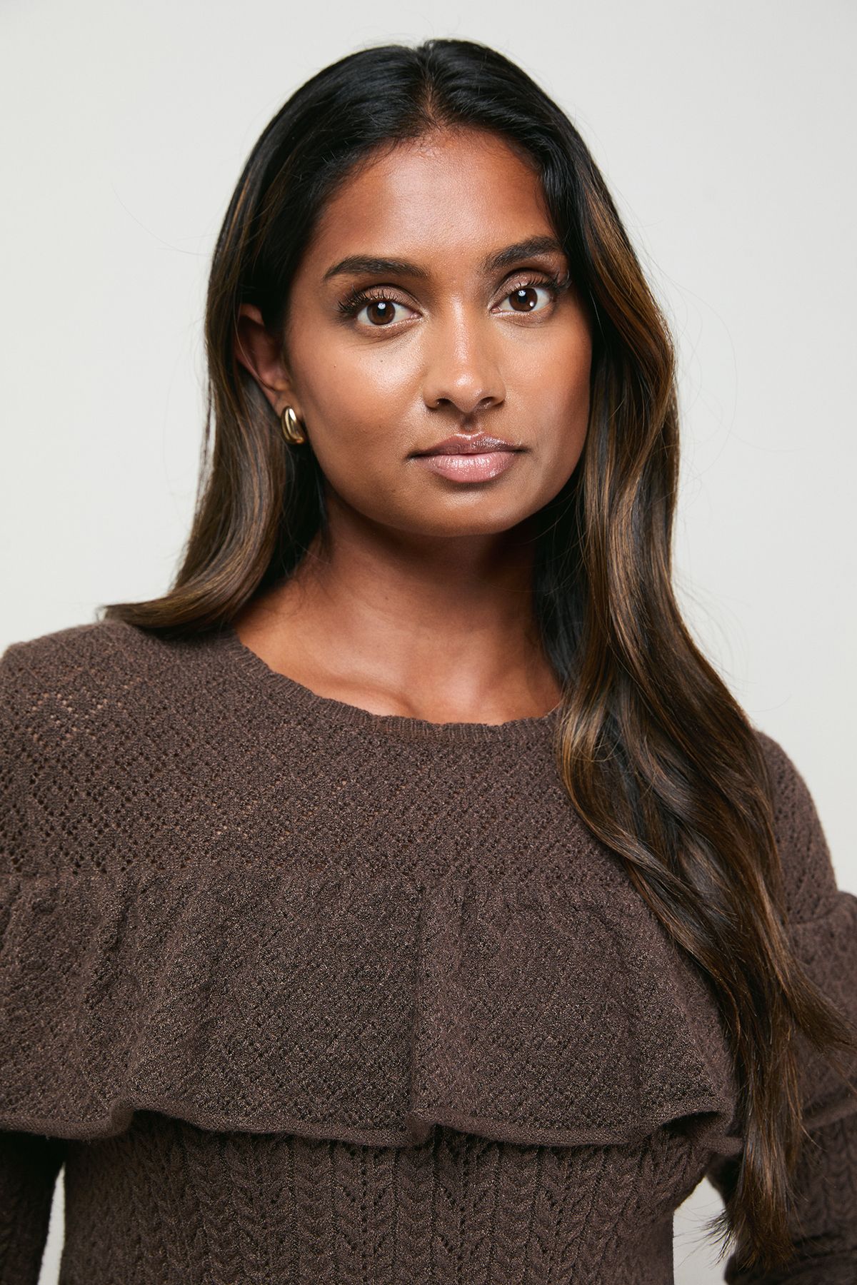 Oasis Frill Yoke Detail Pointelle Jumper Mocha image 2