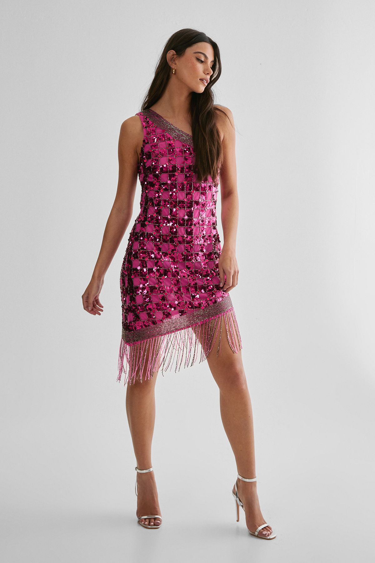 NastyGal Embellished Checkerboard Tassel One Shoulder Mini Dress Pink image 3