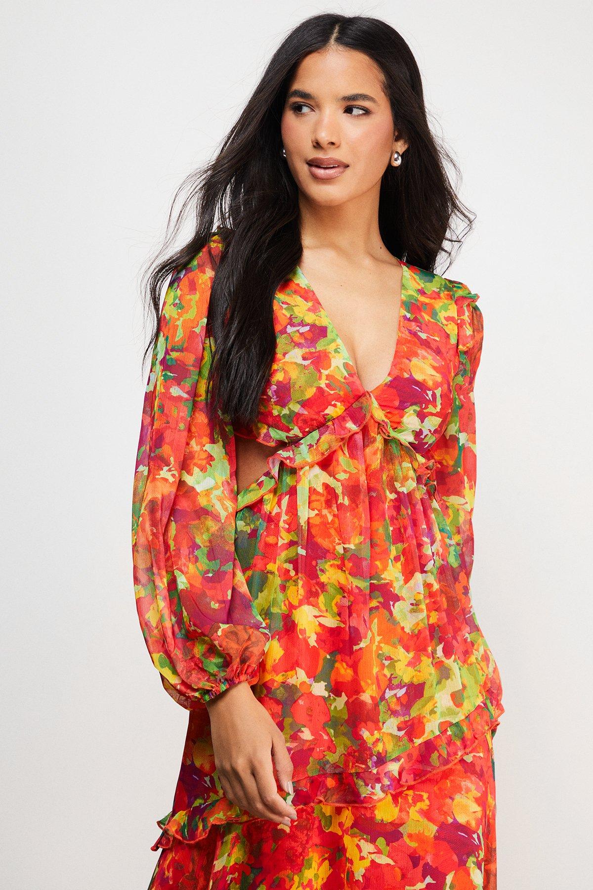 Warehouse Chiffon Cut Out Waist Ruffe Maxi Dress Floral image 2