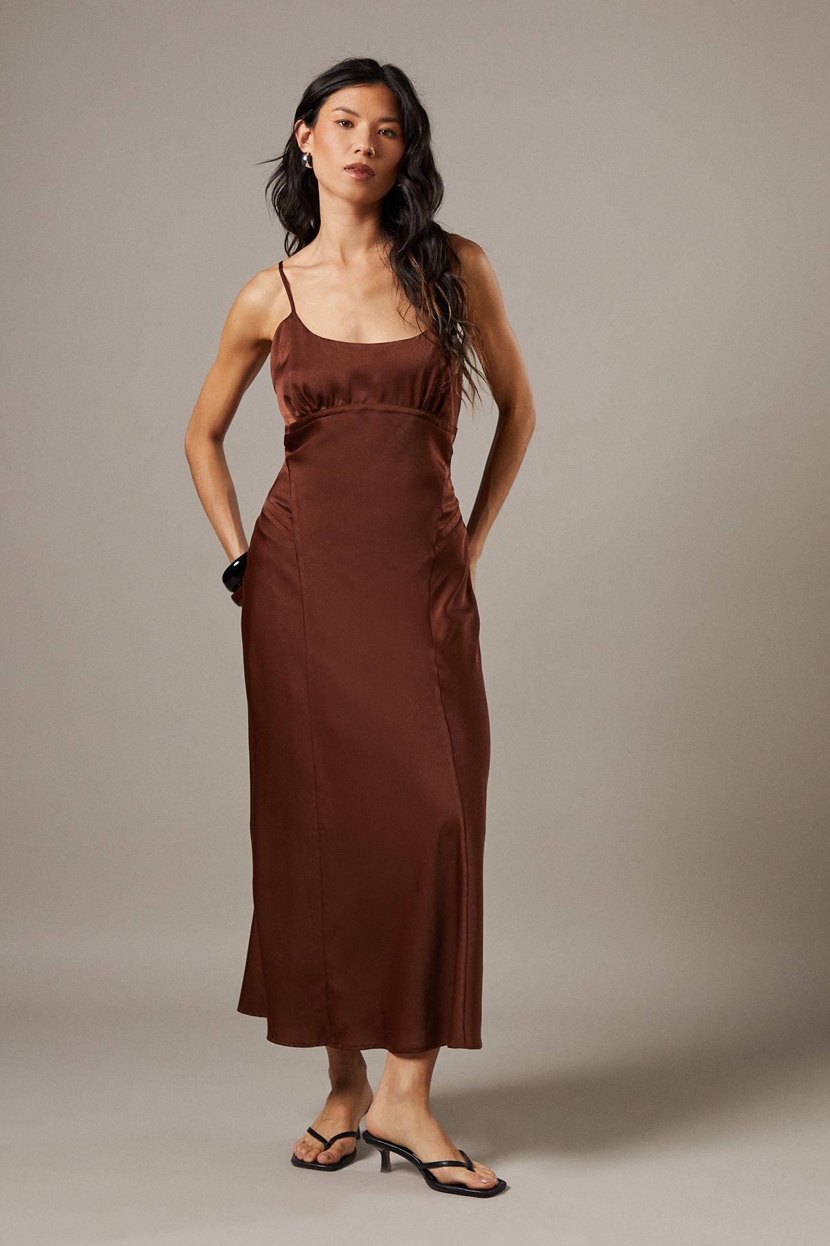 Warehouse Satin Tie Bust Seam Strappy Midi Slip Dress Chocolate image 1