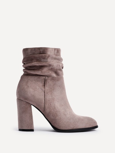 Linzi Mila Mocha Faux Suede Ruched Square Toe Block Heeled Ankle Boot