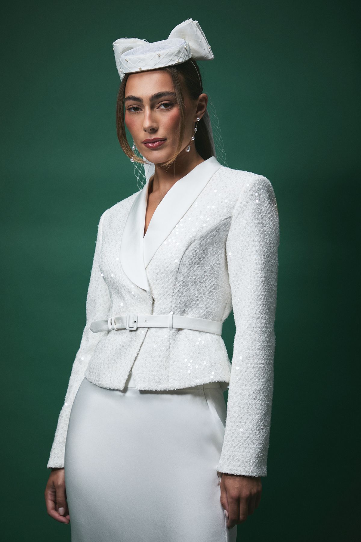 Coast Lisa Tan Boucle Sequin Fitted Jacket With Belt White image 1