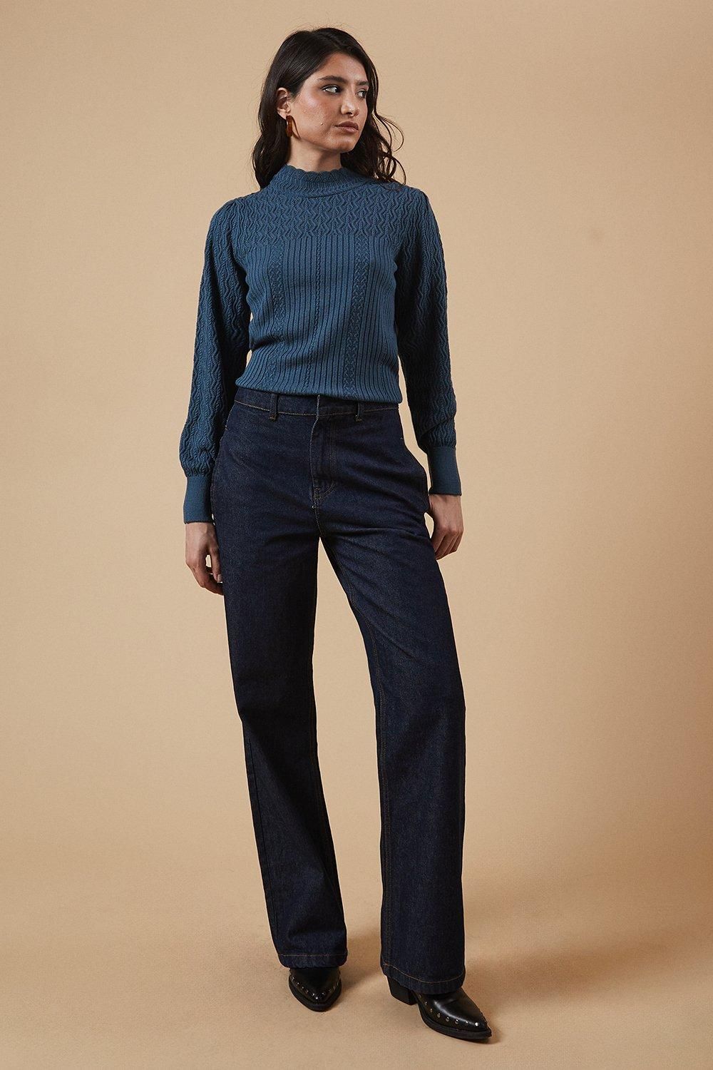 Oasis Pointelle Scallop High Neck Jumper Denim image 2