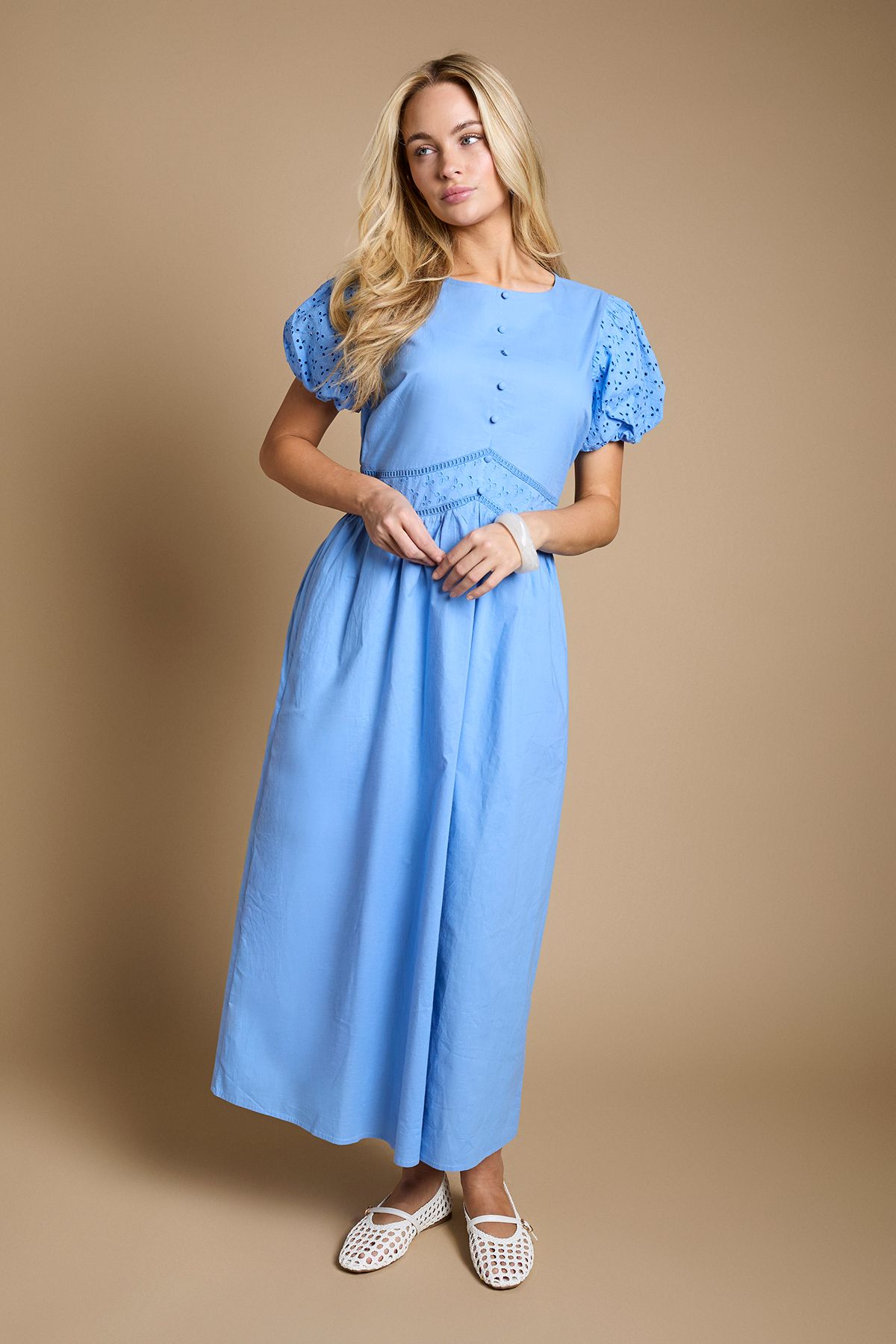 Dorothy Perkins Button Front Puff Sleeve Broderie Midi Dress Blue