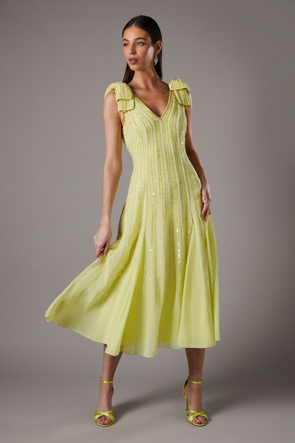 Coast Bow Shoulder Embellished Midi Dress Yellow