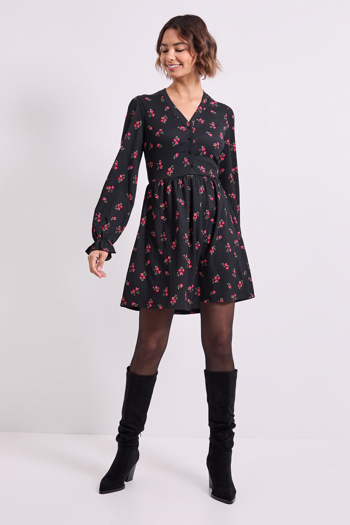 Dorothy Perkins Floral Button Detail Blouson Sleeve Jersey Mini Dress Floral image 2