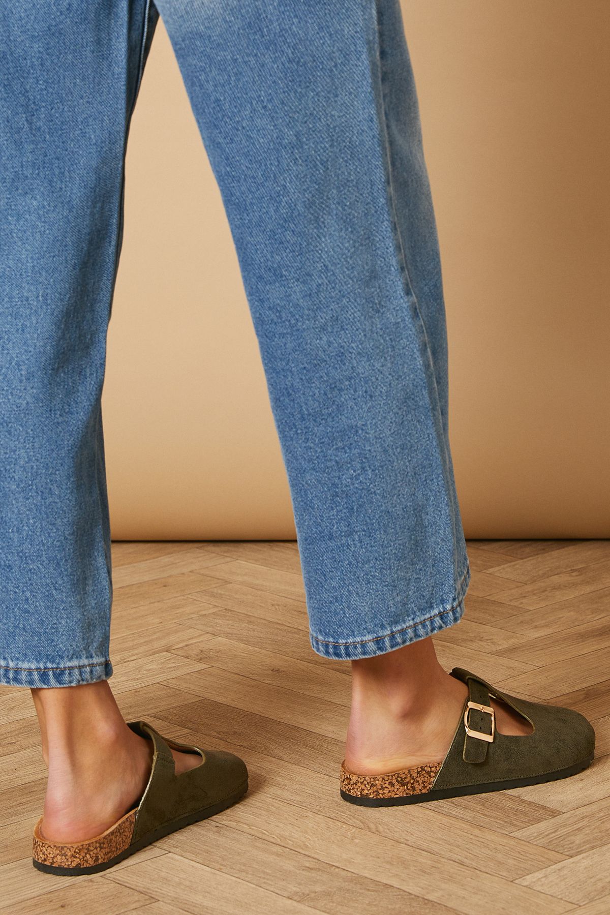 Oasis Emmeline Faux Suede T Bar Mary Jane Closed Toe Footbed Mules Olive image 4