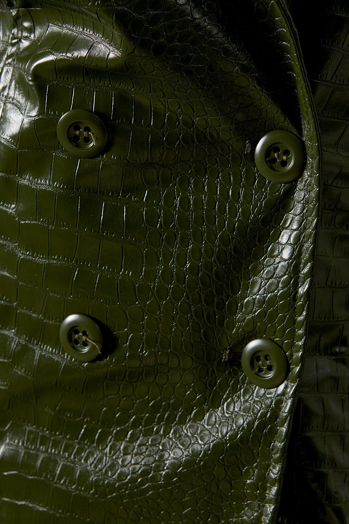 Warehouse Croc Waist Detail Faux Leather Jacket Green Olive image 5