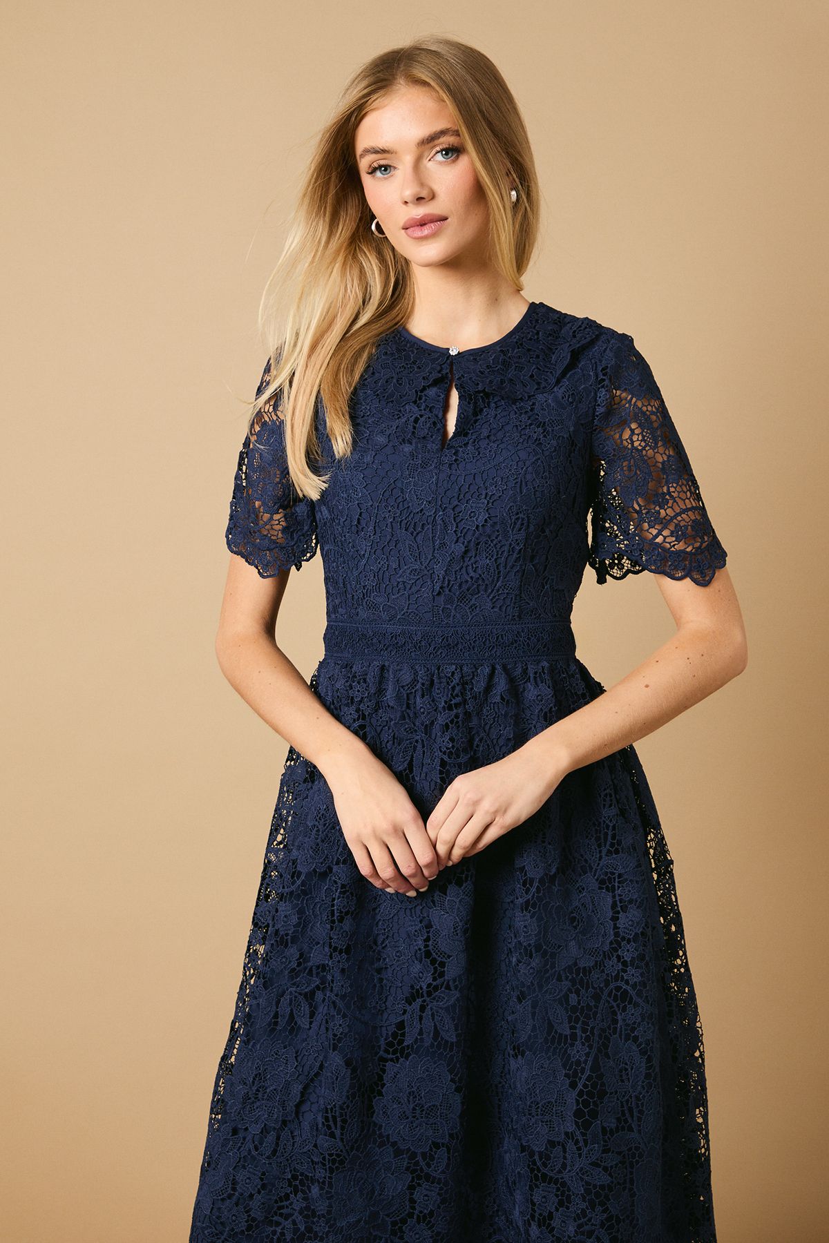 Oasis Occasion Lace Collared Midi Dress Navy image 2