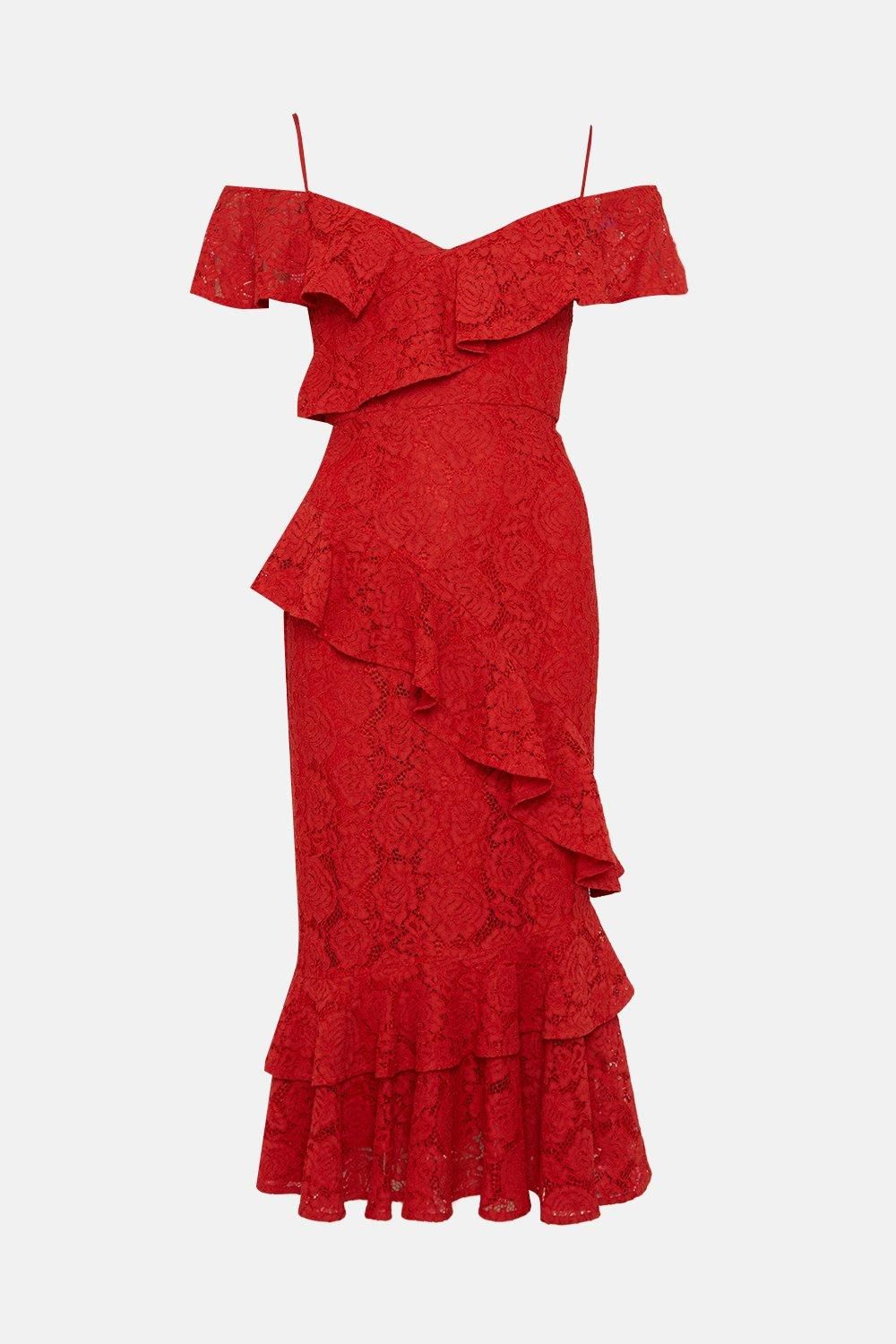 Coast Sophie Habboo Asymmetric Lace Midi Dress Red image 6