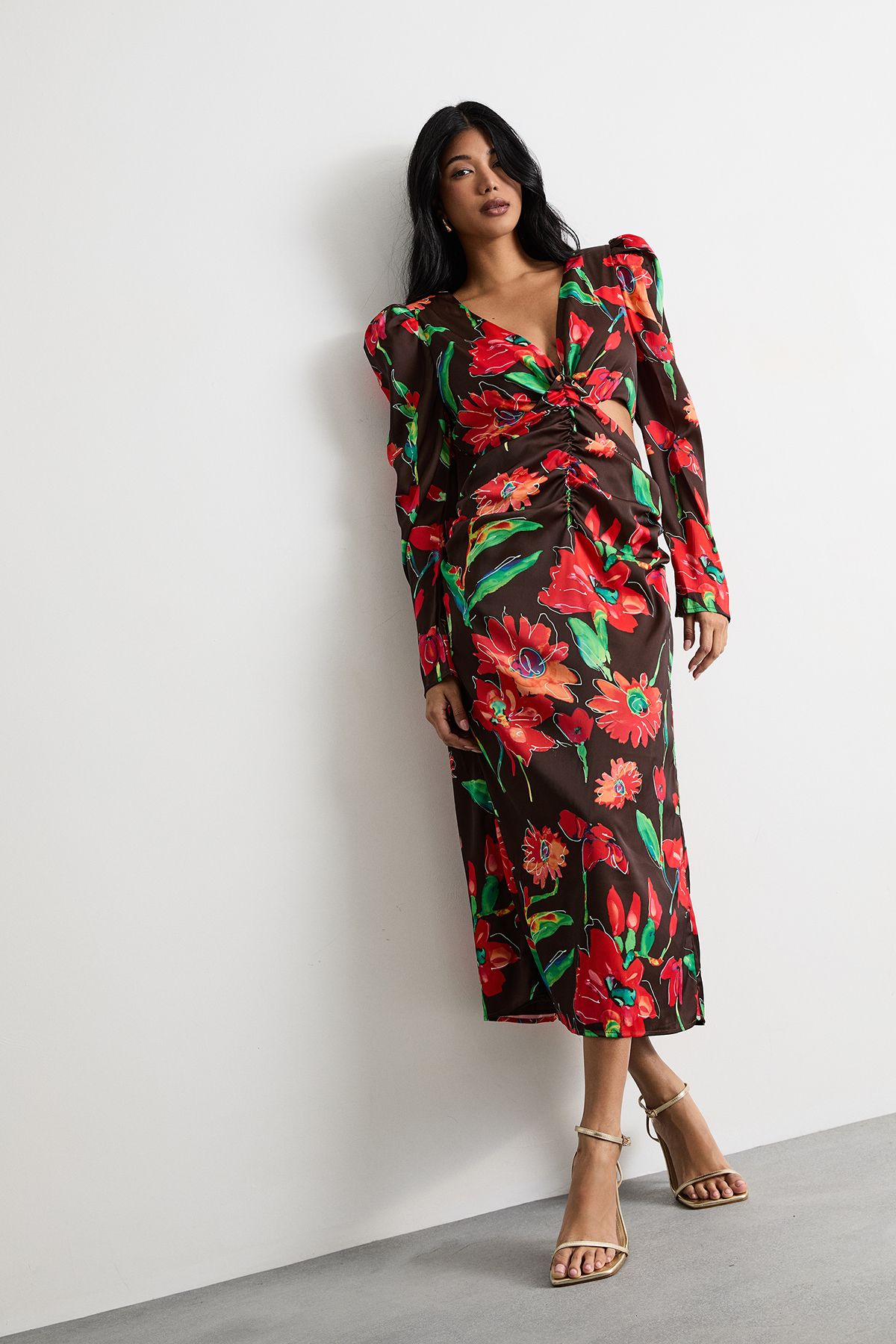 Warehouse Satin Cut Out Waist Plunge Neck Midi Dress Chocolate image 1