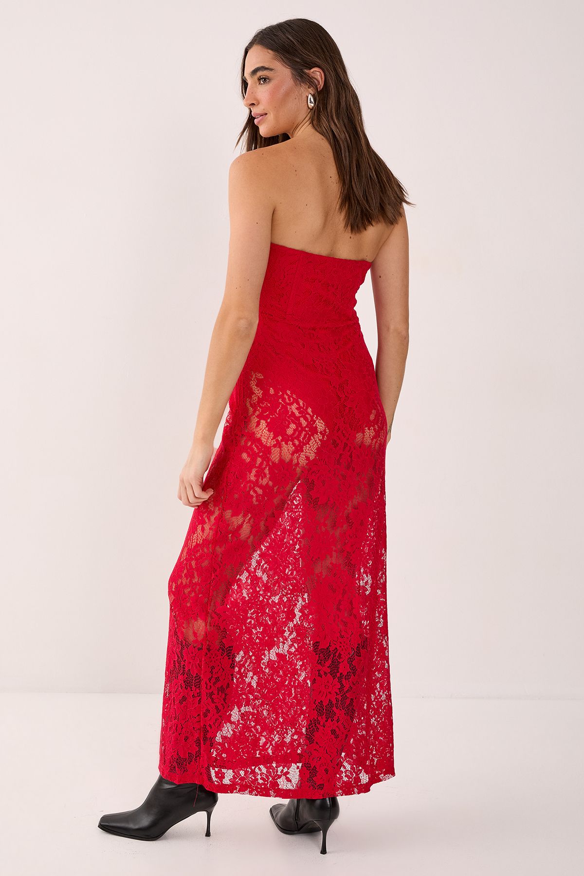 NastyGal Lace Bandeau Sheer Maxi Dress Red image 3