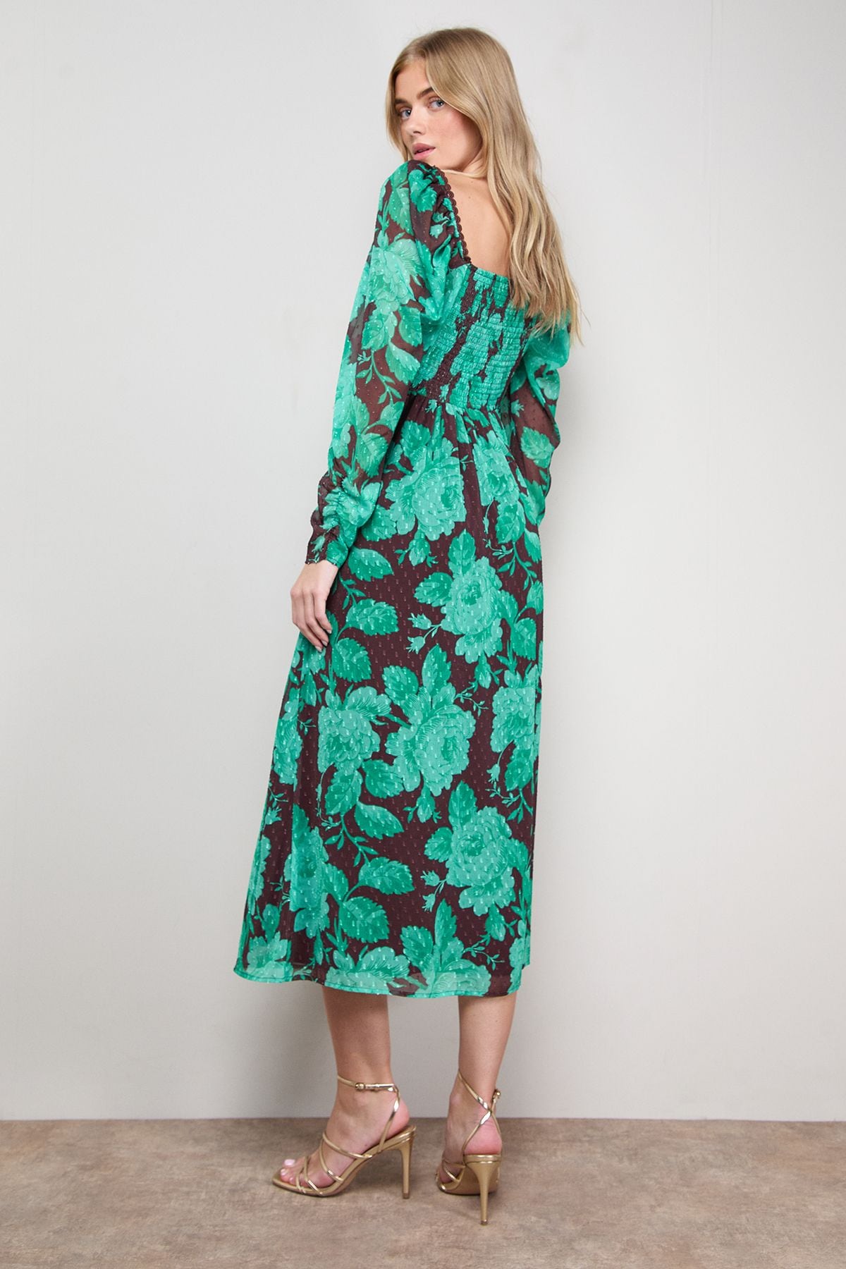 Oasis Printed Chiffon Shoulder Detail Shirred Back Midi Dress Green image 3