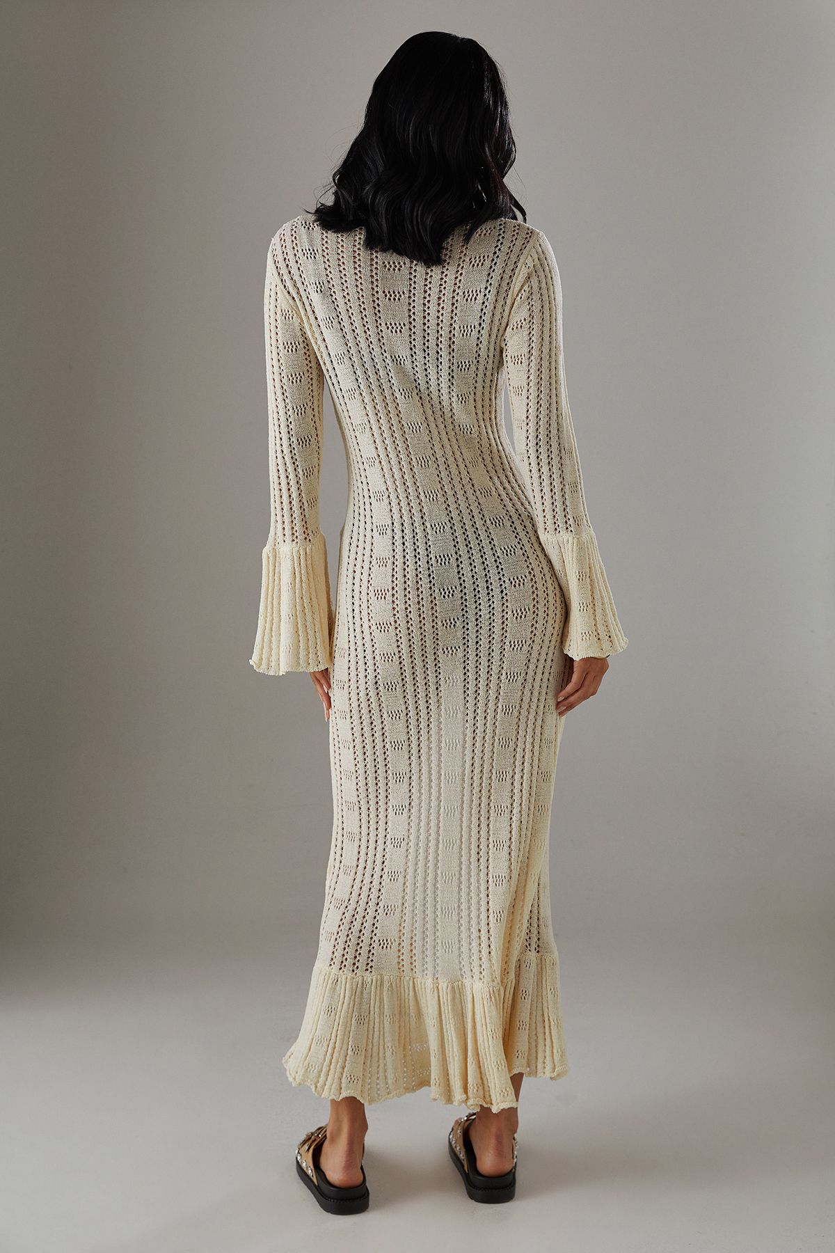 Warehouse Pointelle Button Down Knitted Midaxi Dress Ivory image 4