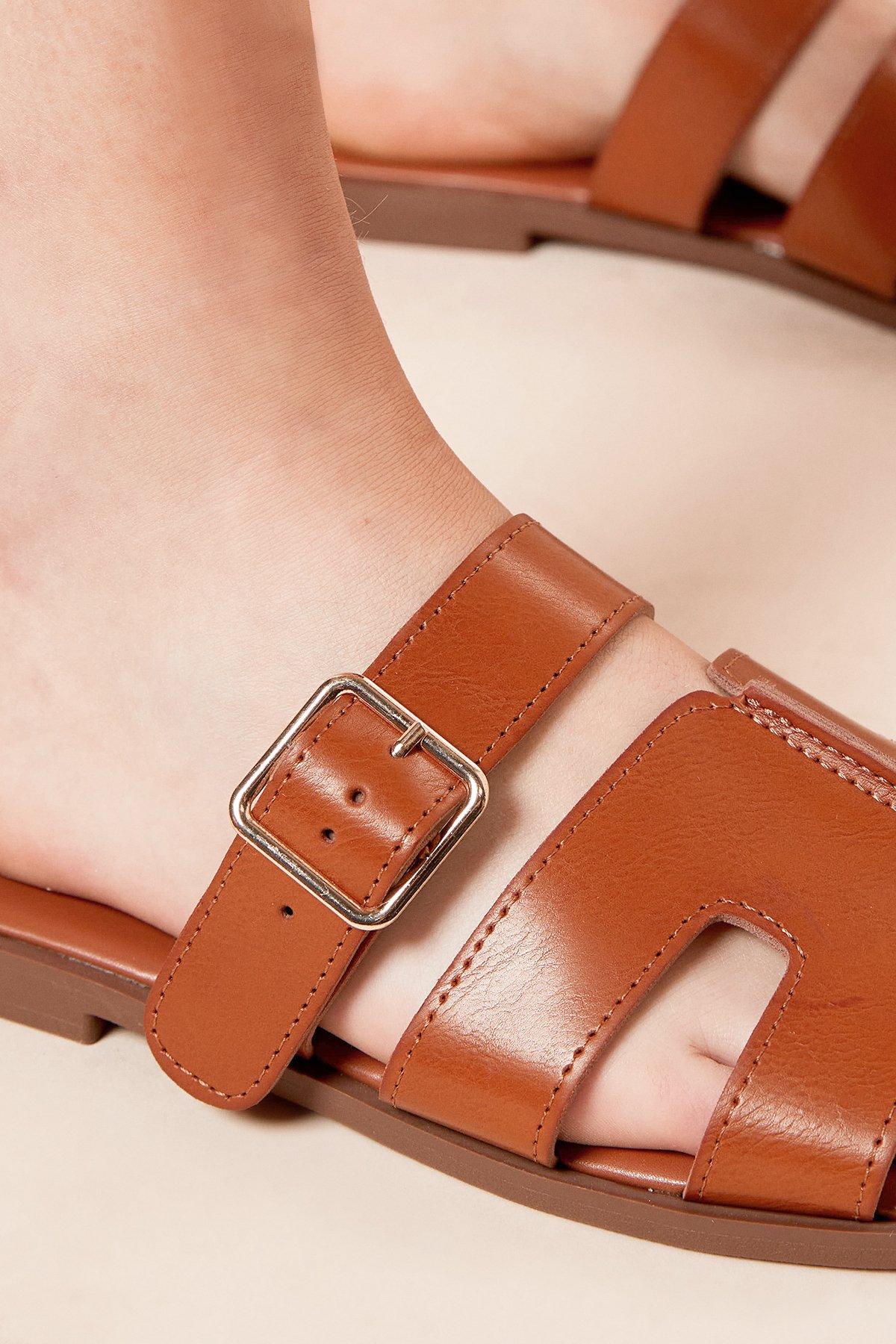 Dorothy Perkins Finley Faux Leather Buckle Detail Padded Sock Sliders Tan image 4