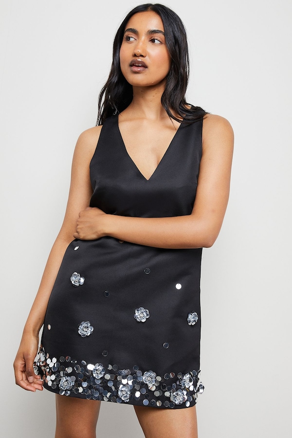 Warehouse Embellished Heavy Satin Plunge Neck Mini Dress Black