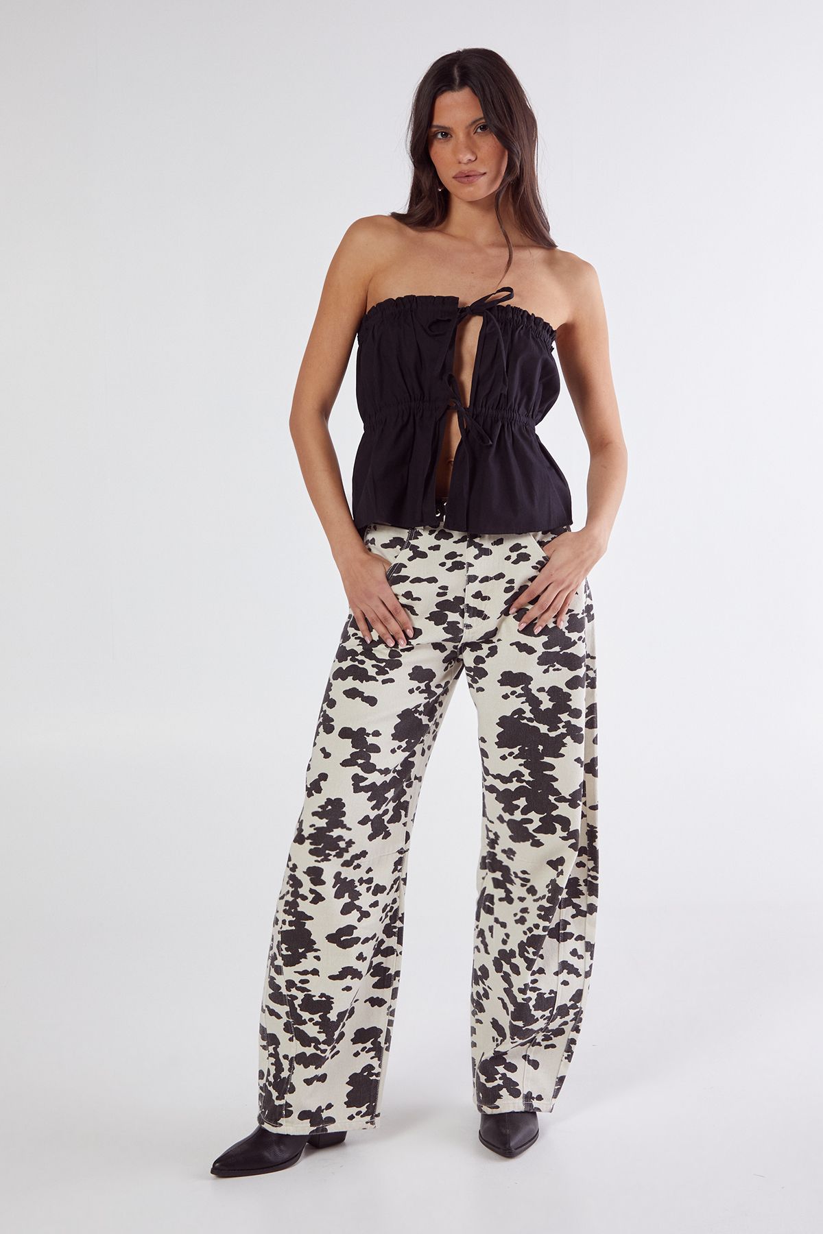 NastyGal Cotton Poplin Bandeau Ruched Tie Front Top Black image 2