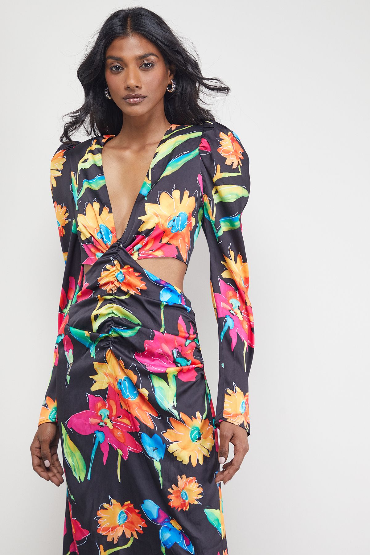 Warehouse Satin Cut Out Waist Plunge Neck Midi Dress Multi image 2